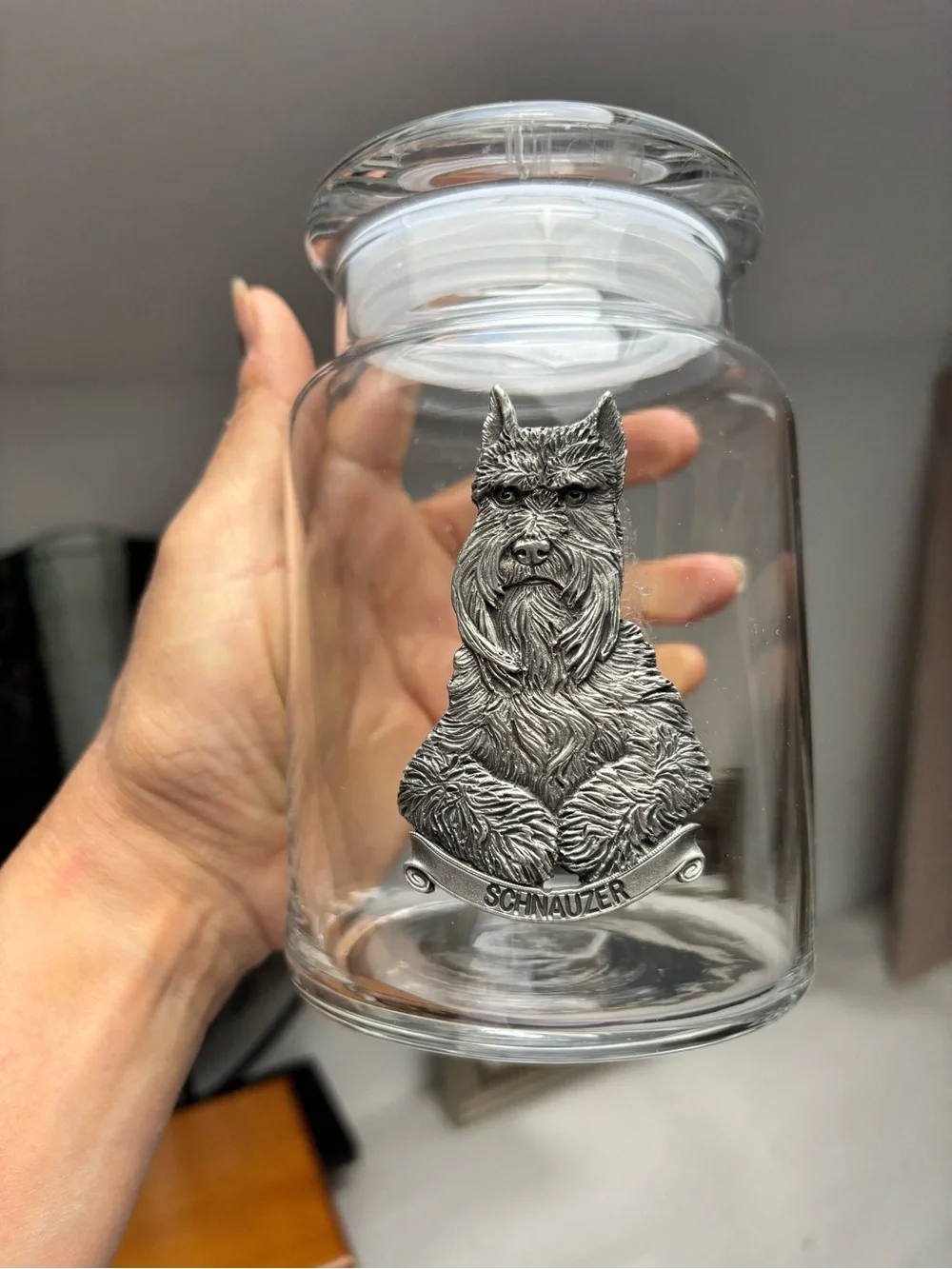 Schnauzer Glass Treat Jar - Clear with Pewter Accent